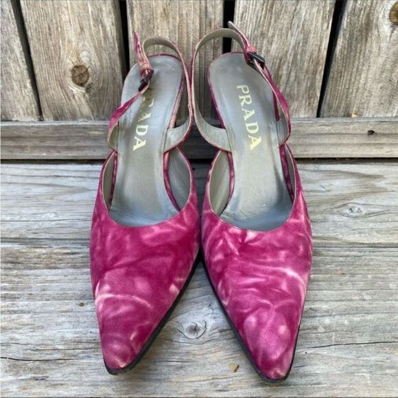 Prada Vintage Pink Suede Tie-Dye Pointed Slingback Pumps size 37.5 - Picture 2 of 11